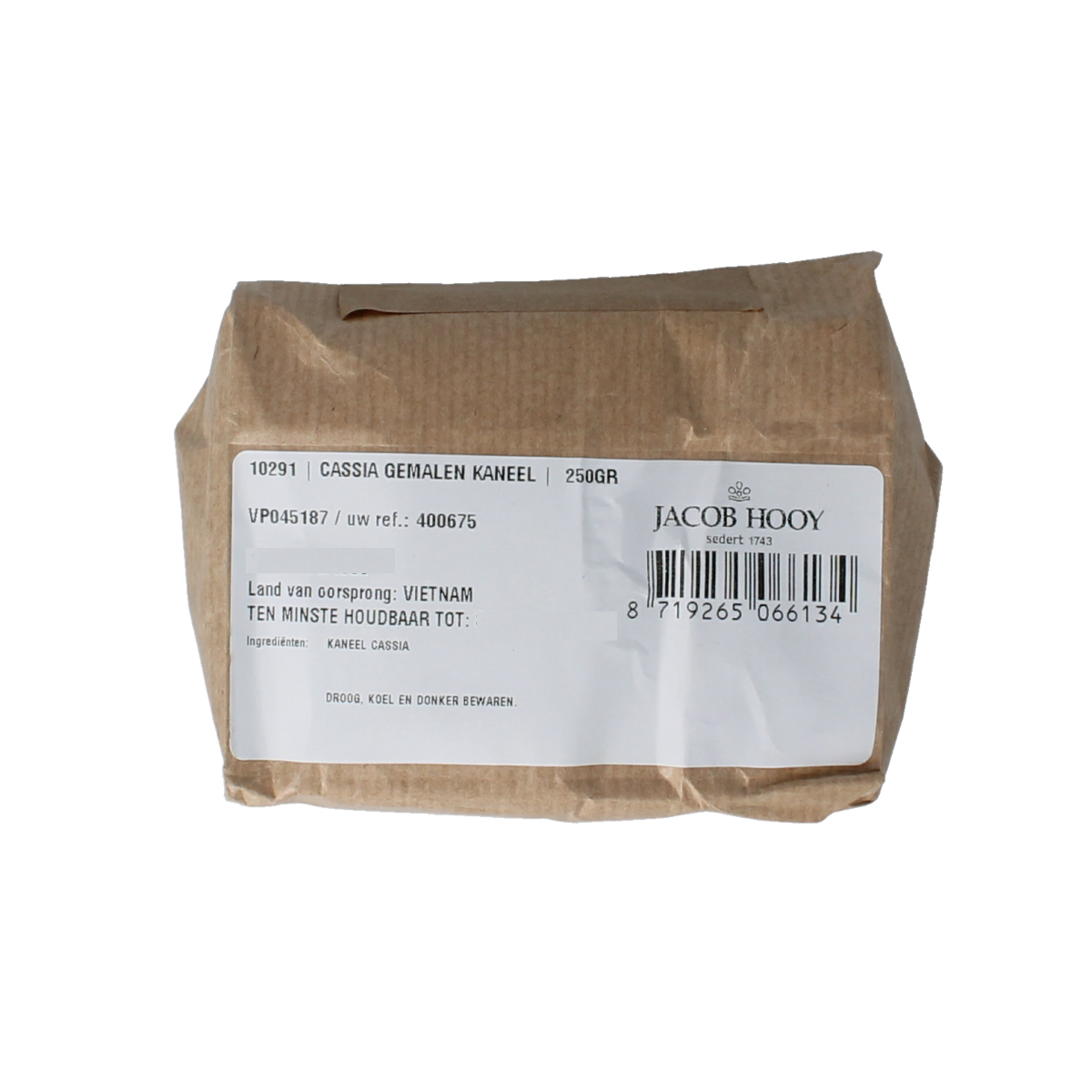 Ground cinnamon from Jacob Hooy, 250 grams, in a spice jar, ideal for baking and cooking with aromatic, finely ground cinnamon spice.