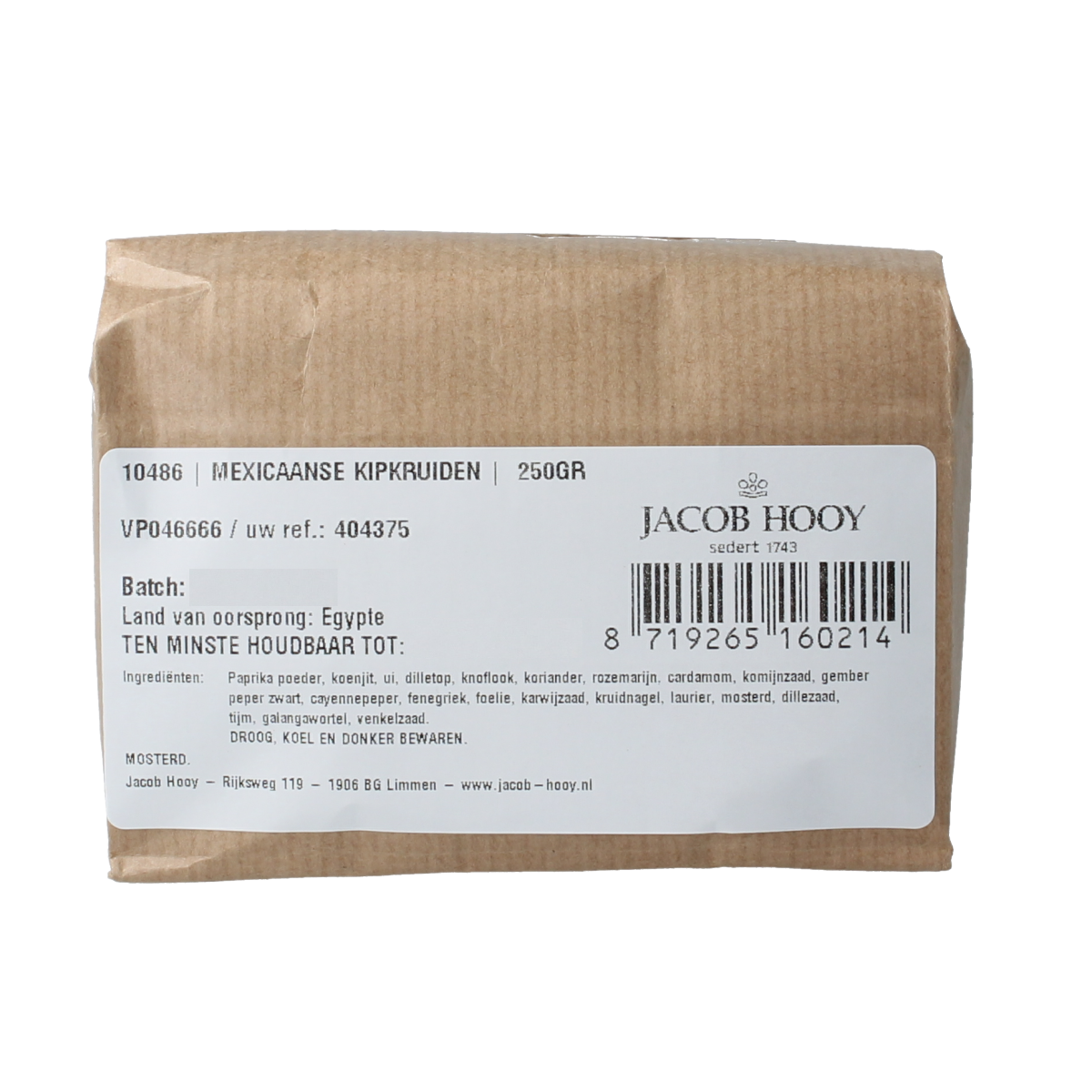 Jacob Hooy Mexican chicken spice mix, 250g, in a colorful container, showcasing dried herbs and spices for flavorful cooking.