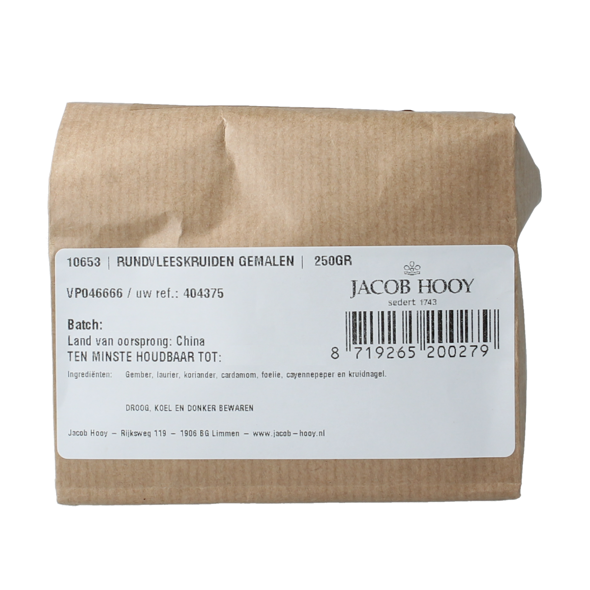 Ground beef seasoning mix from Jacob Hooy, 250g jar of herbs, spices, and salt for flavorful cooking.