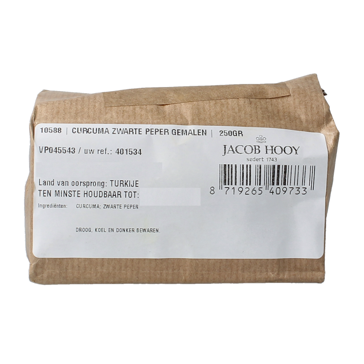 Ground Jacob Hooy turmeric and black pepper spice mix in a 250g container. Natural ingredients for cooking and flavoring.