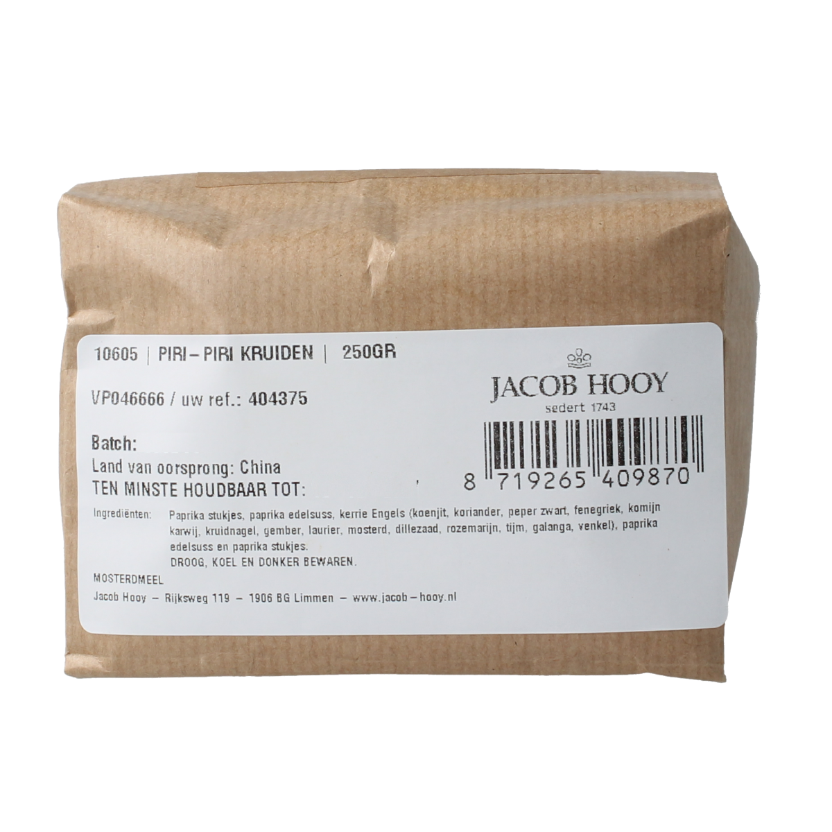 Jacob Hooy Piri-piri kruiden in 250g jar, spicy seasoning blend for cooking and flavoring dishes.