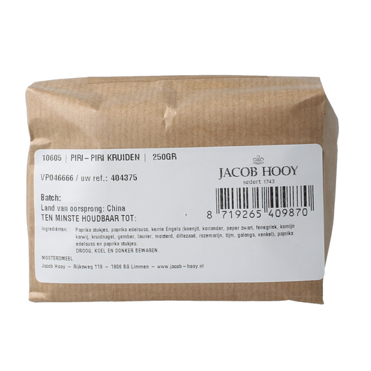 Jacob Hooy Piri-piri kruiden in 250g jar, spicy seasoning blend for cooking and flavoring dishes.
