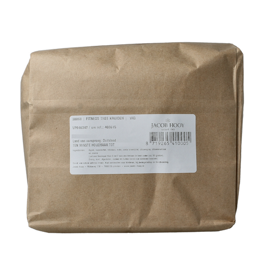 Jacob Hooy Fitness thee in a 1kg package, a herbal tea blend, shown in a clear container with tea leaves and packaging.