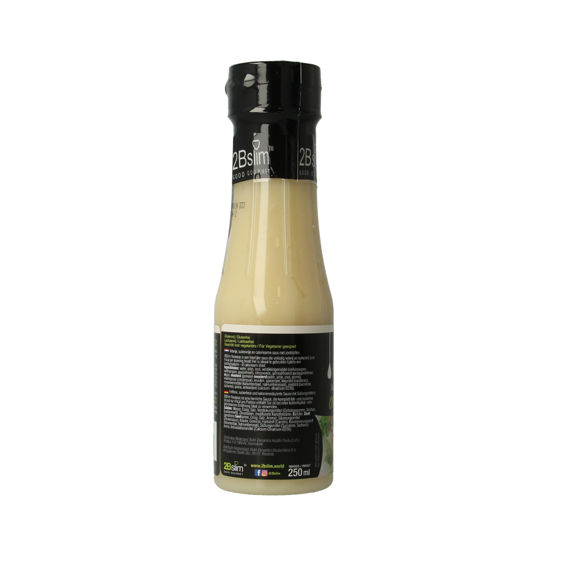 Bottle of 2bslim Yonnaise sauce, 250ml, in a white squeeze bottle with a yellow cap, on a white background.