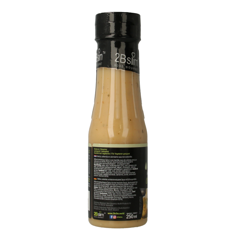 Spicy 2bslim garlic sauce in a 250ml bottle, part of Sauzen en Smaakmakers collection, with garlic and chili ingredients visible