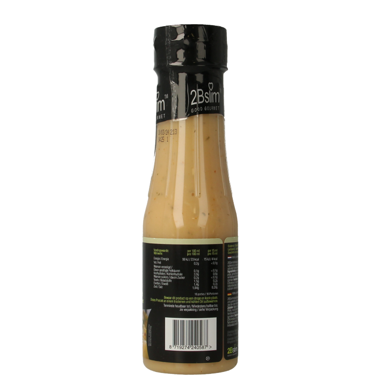 Spicy 2bslim garlic sauce in a 250ml bottle, part of Sauzen en Smaakmakers product line, with garlic and chili ingredients visible