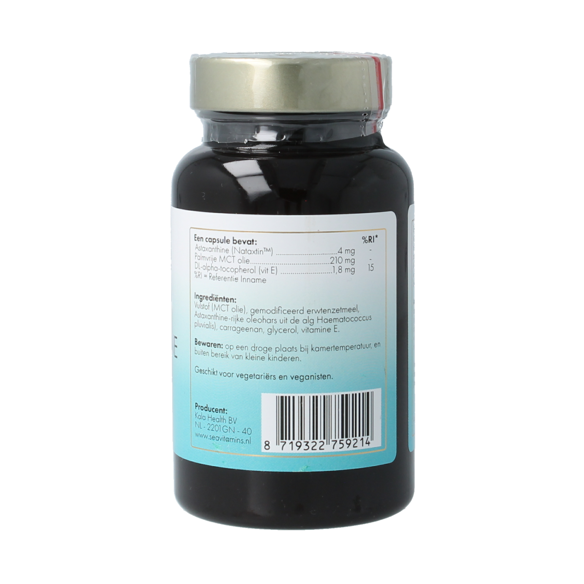 Sea Vitamins Astaxanthine vegan capsules, dietary supplement in vegetarian capsules, shown in clear plastic bottle.