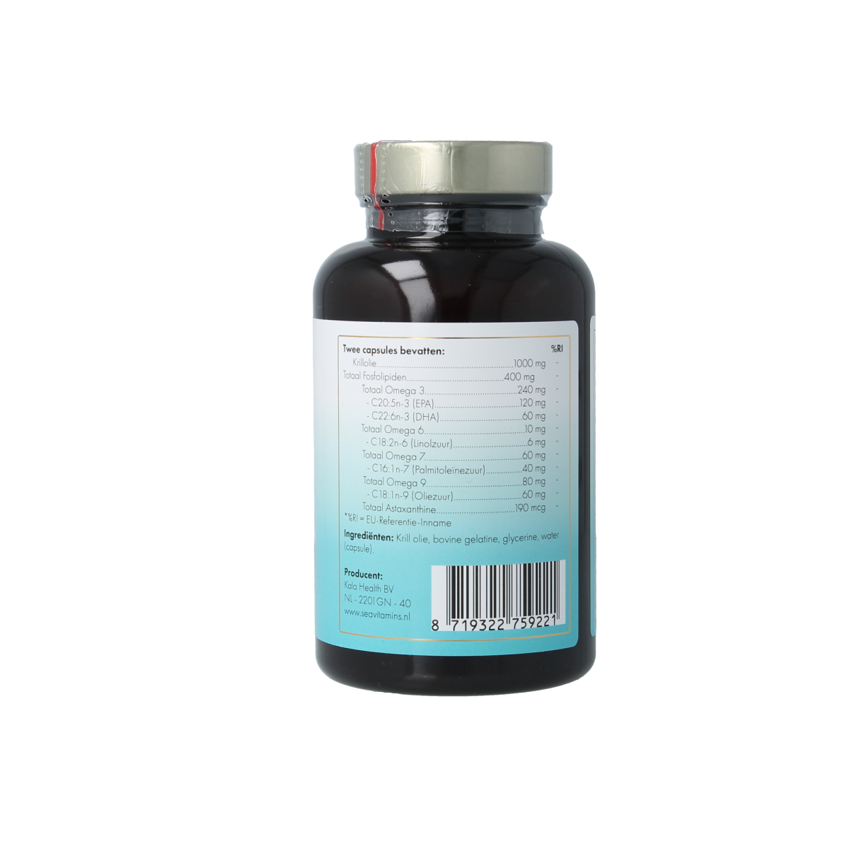 Sea Vitamins Krill Oil Omega-3 vegetarian capsules, softgel Vetzuren supplement in a clear bottle with capsules inside.