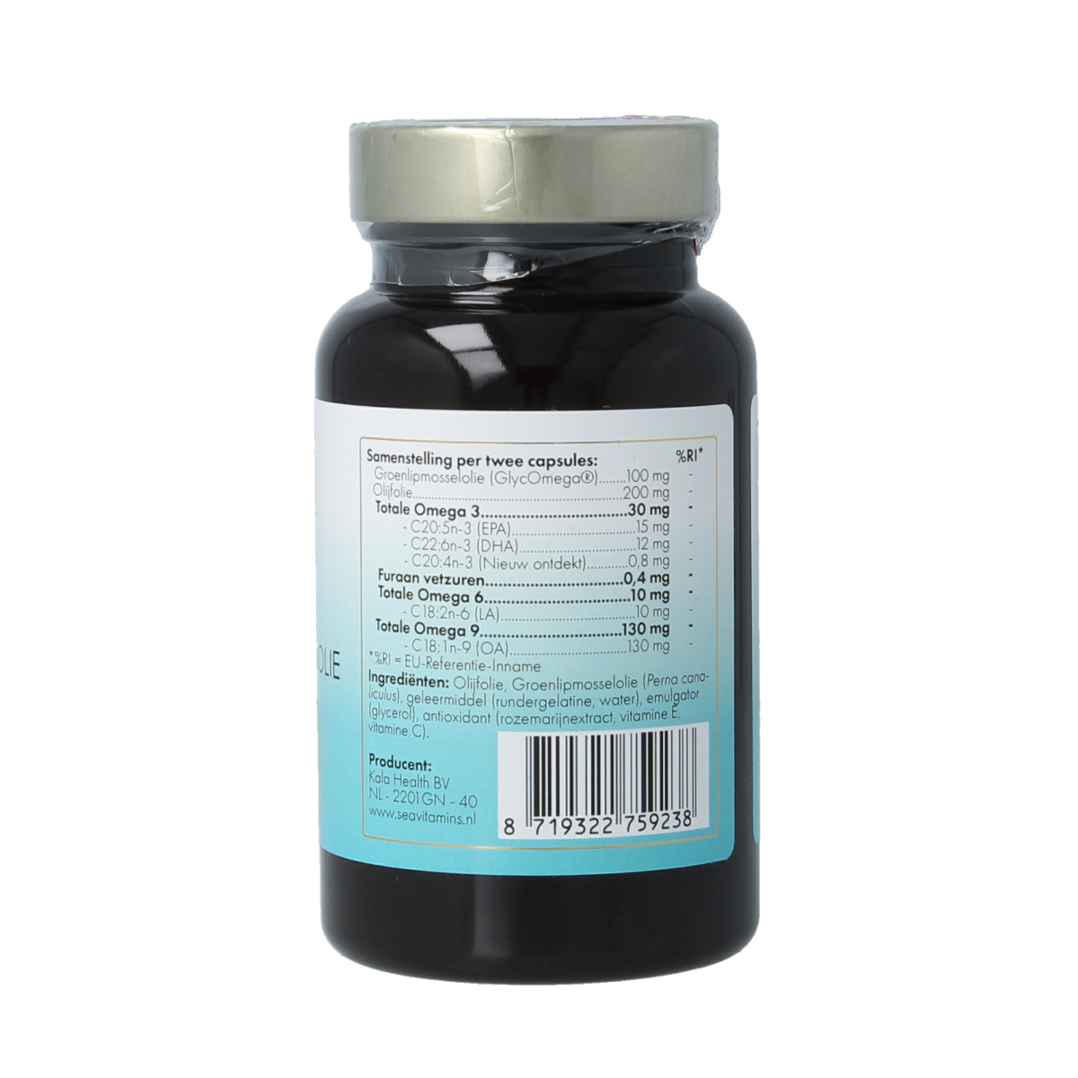 Sea Vitamins Groenlipmosselolie vegetarische capsules, dietary supplement with seaweed oil, shown in the image.