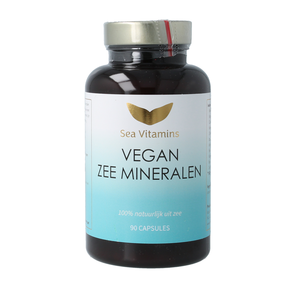 Sea Vitamins Zee mineralen vegan capsules, vegetarian dietary supplement in a bottle, showing the product packaging and capsules.