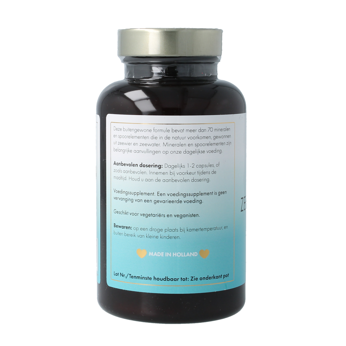 Sea Vitamins Zee mineralen vegan capsules, vegetarian dietary supplement in a clear plastic bottle with white cap.