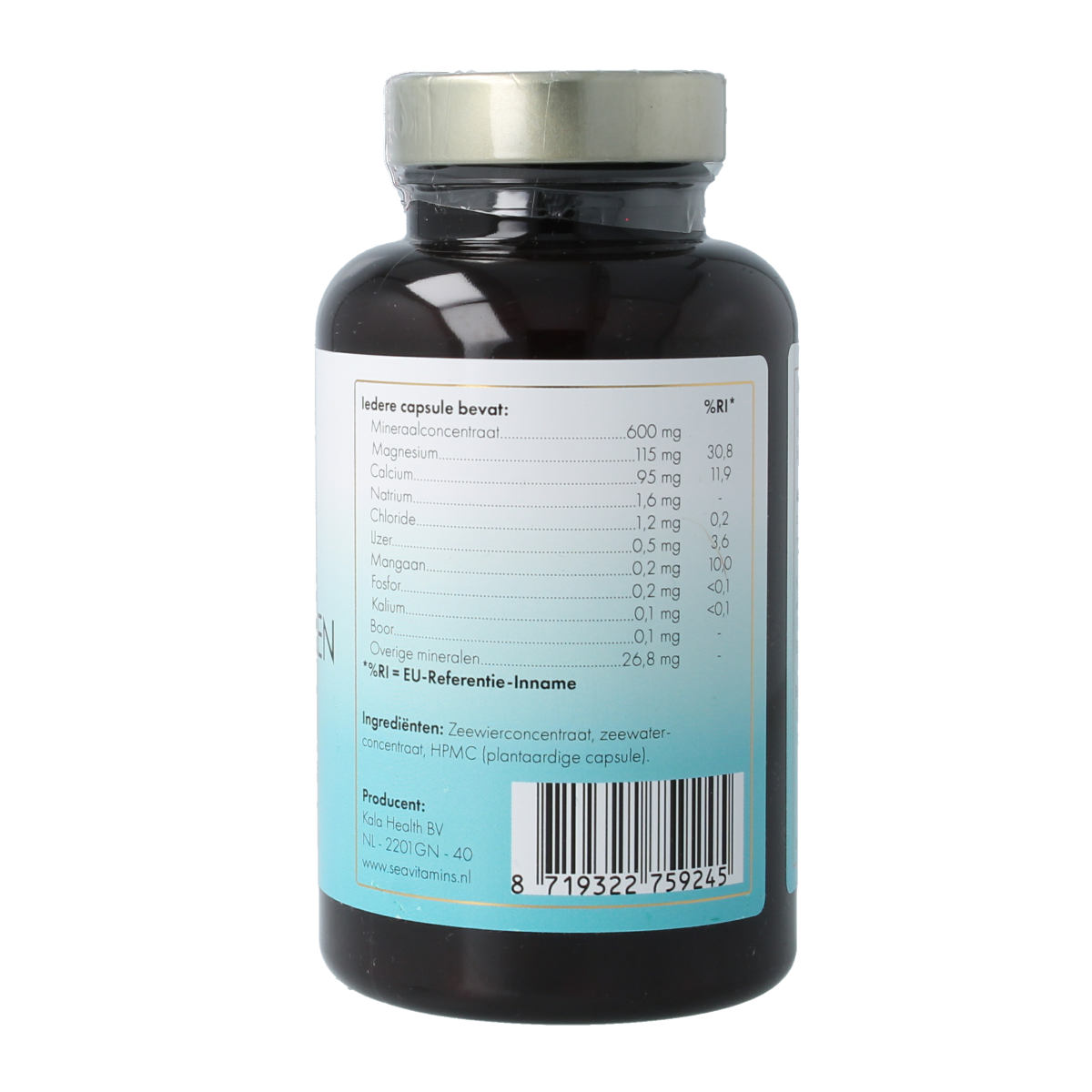 Sea Vitamins Zee mineralen vegan capsules, vegetarian dietary supplement in a white bottle with green label, displayed on a white background.