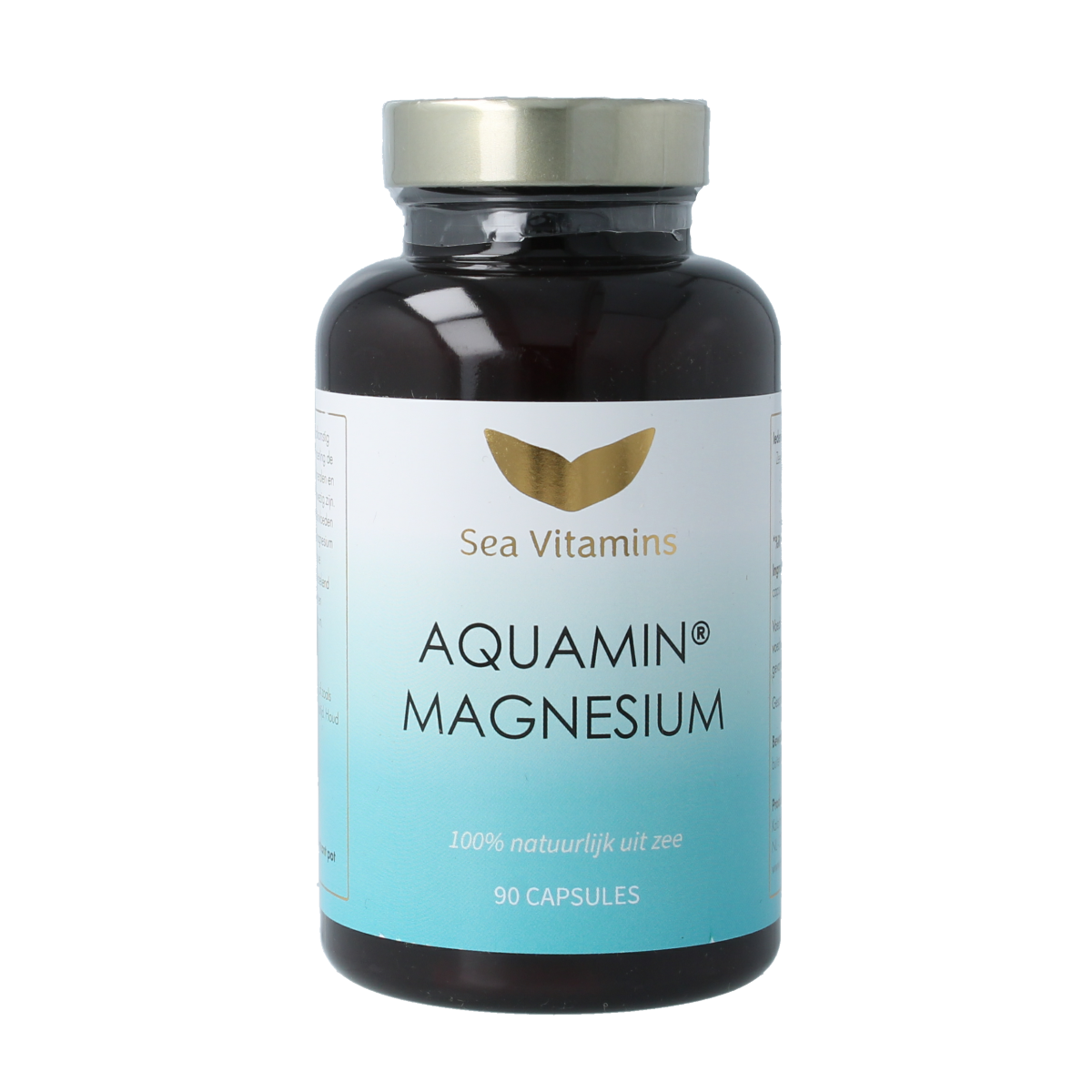 Sea Vitamins Aquamin magnesium vegetarian capsules, mineral supplement in a white bottle with green label and capsules inside.