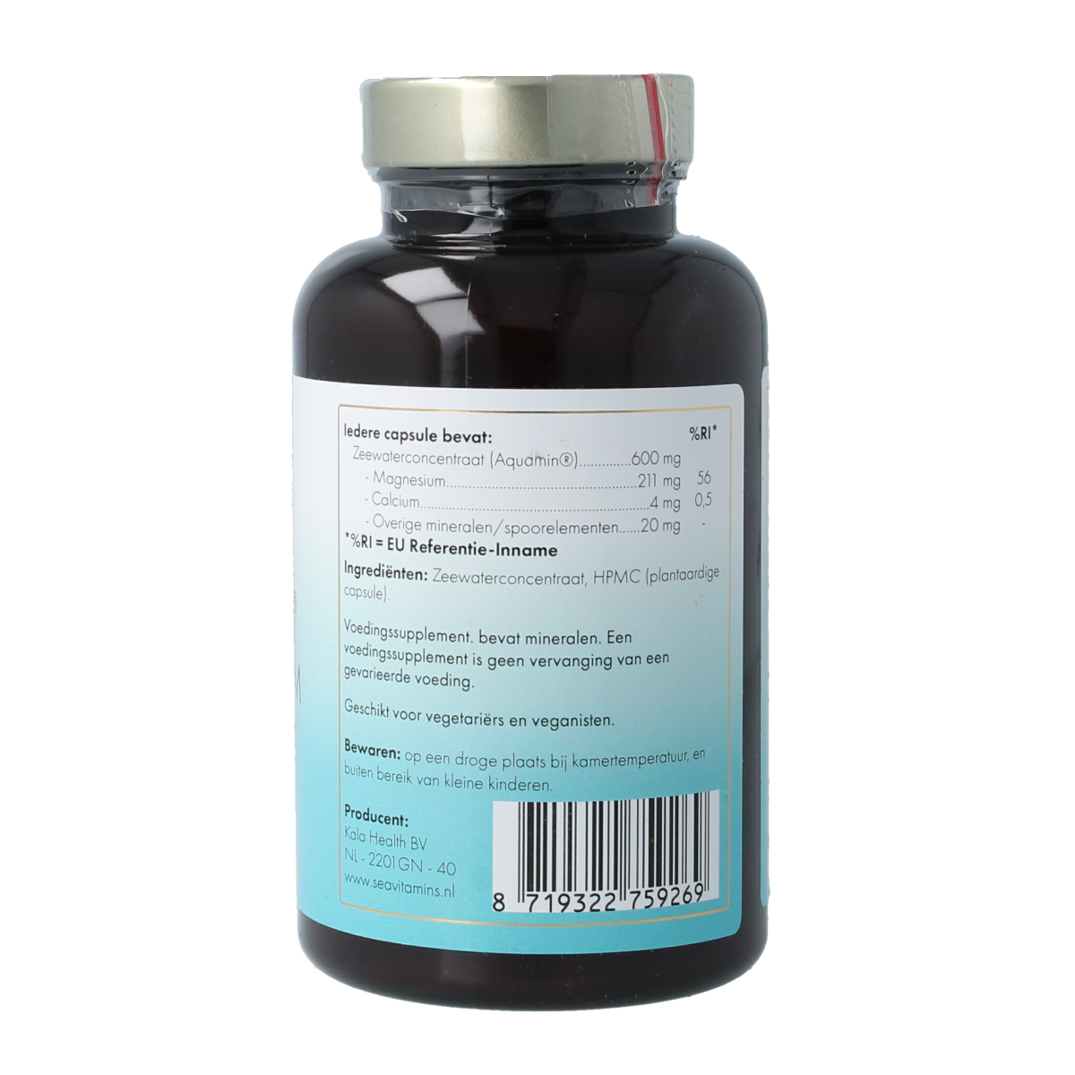 Sea Vitamins Aquamin magnesium vegetarian capsules, mineral supplement in a clear bottle with green label and capsules inside.