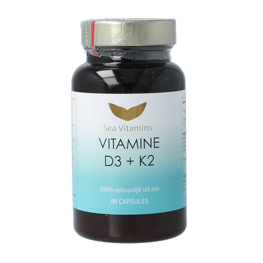 Sea Vitamins D3 K2 multivitamin capsules from sea, vegetarian supplement in a bottle, designed for bone and immune health.