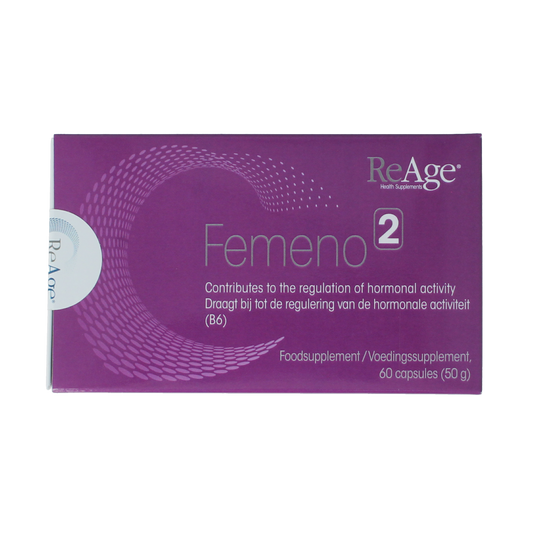 ReAge Femeno 2 multivitamin capsules for women, showing a bottle of 60 capsules with label and cap.