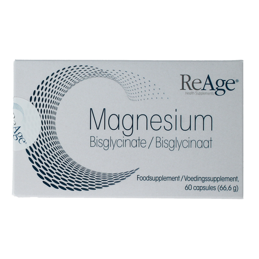 ReAge Magnesium 60 capsules in bottle, dietary supplement for mineral support, natural mineralen enkel product.
