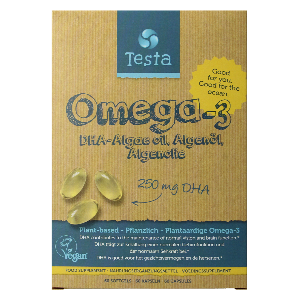 Testa Omega 3 algenolie vegan capsules with 250mg DHA, vegetarian dietary supplement, shown in the image.