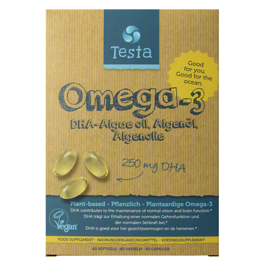 Testa Omega 3 algenolie vegan capsules with 250mg DHA, vegetarian dietary supplement, shown in the image.