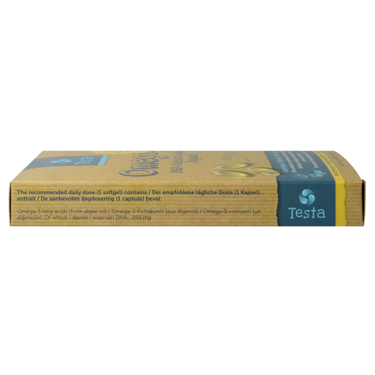 Testa Omega 3 algenolie vegan capsules with 250mg DHA, vegetarian fatty acids, shown in the image.