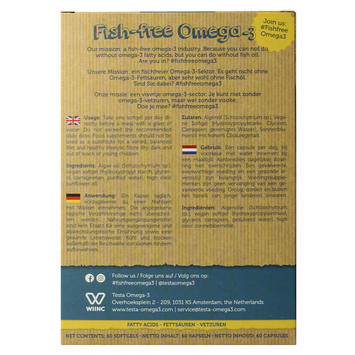 Testa Omega 3 algenolie vegan capsules with 250mg DHA, vegetarian dietary supplement in clear bottle, shown in the image.