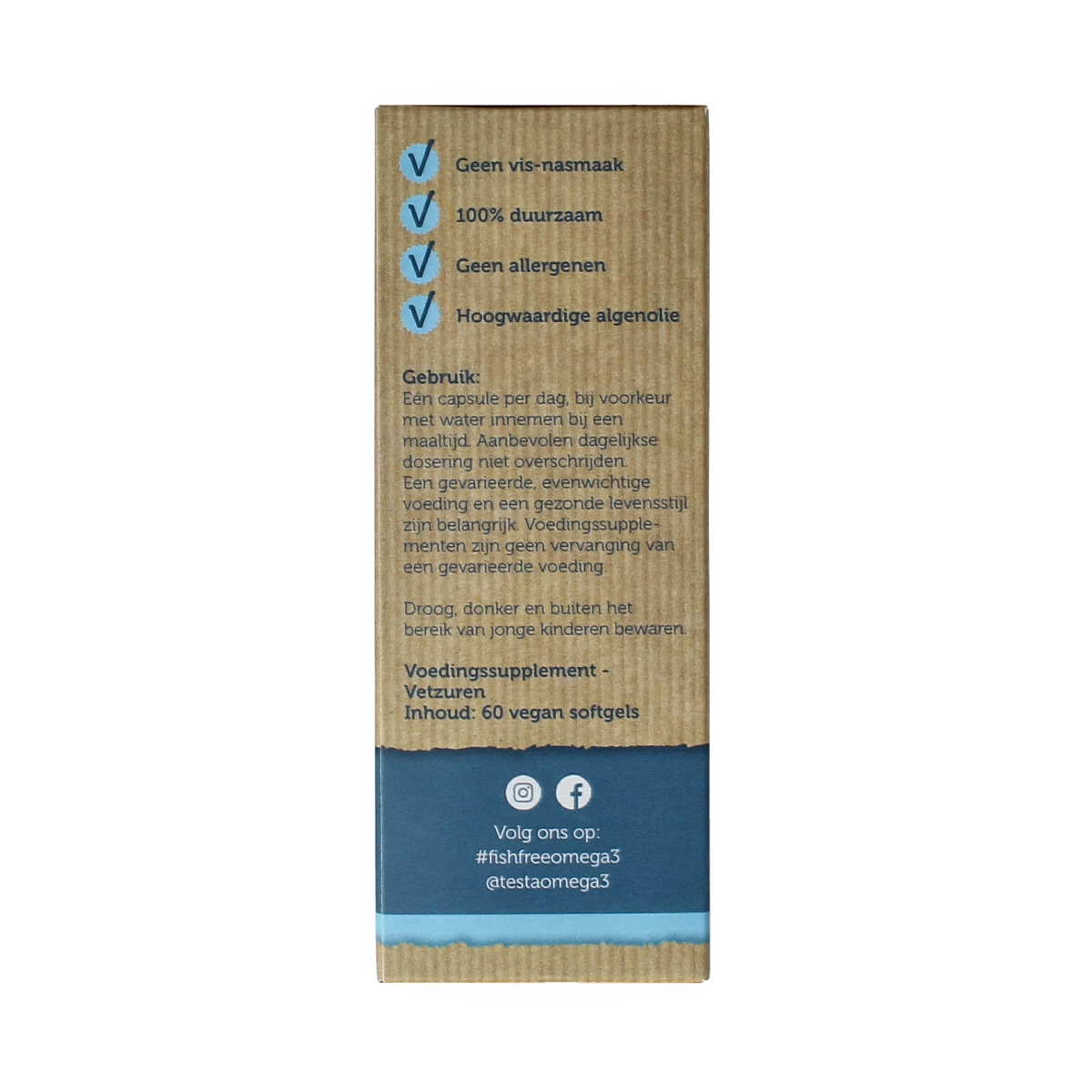 Testa Omega 3 algenolie vegan capsules with 300mg DHA and 150mg EPA, vegetarian dietary supplement in a clear bottle.