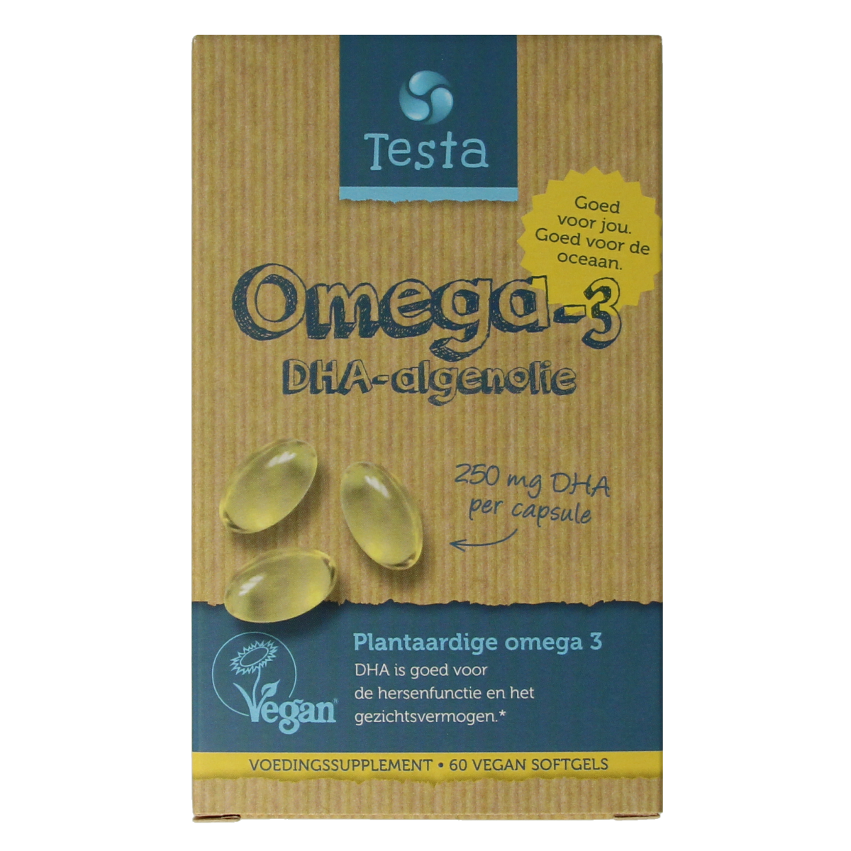 Testa Omega 3 algenolie vegan capsules with 250mg DHA, vegetarian dietary supplement, shown in a bottle with capsules.