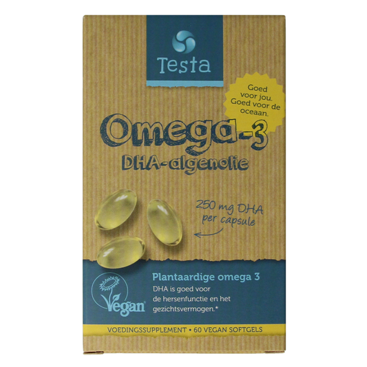 Testa Omega 3 algenolie vegan capsules with 250mg DHA, vegetarian dietary supplement, shown in a bottle with capsules.