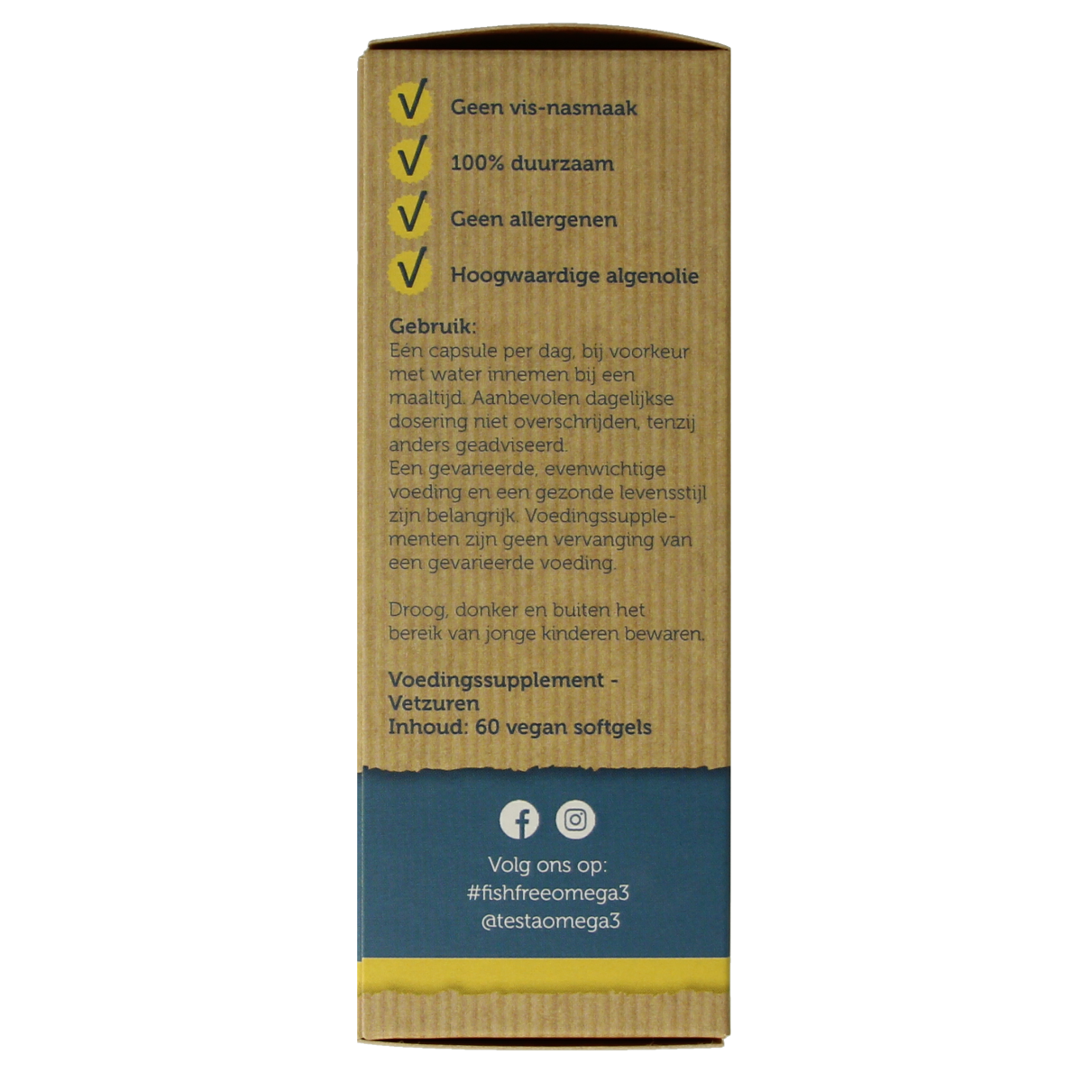 Testa Omega 3 algenolie vegan capsules with 250mg DHA, vegetarian fish oil alternative in a clear bottle.
