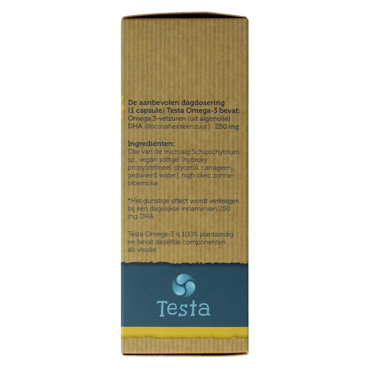 Testa Omega 3 algenolie vegan capsules with 250mg DHA, vegetarian dietary supplement, shown in the image.