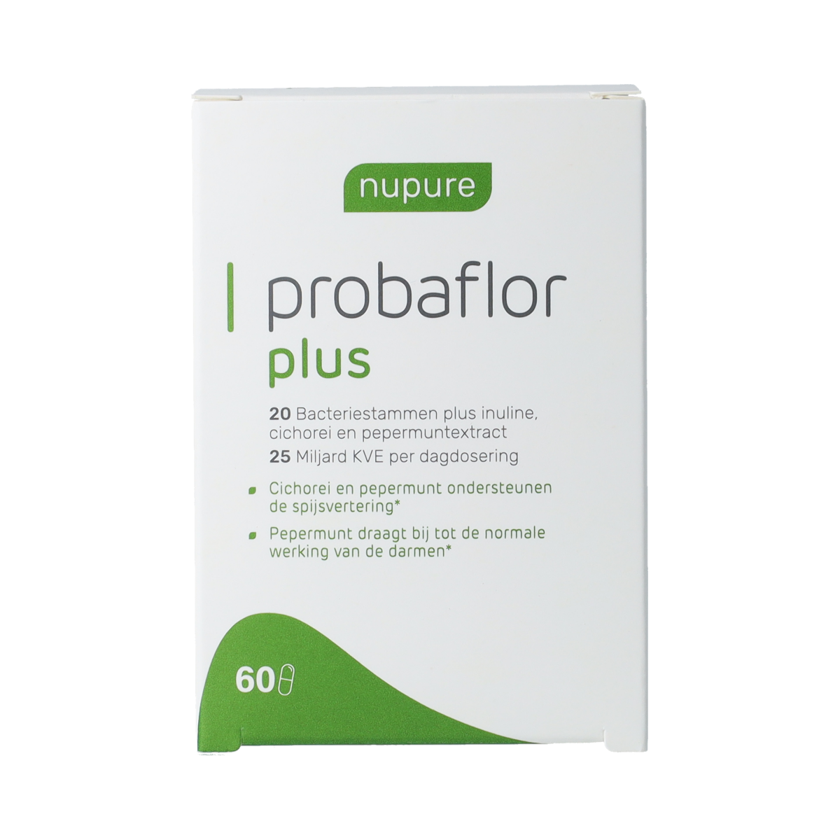 Nupure Probaflor Plus probiotic capsules, micro-organismen dietary supplement, 60 capsules in a white bottle.