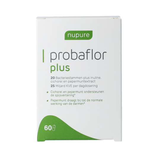 Nupure Probaflor Plus probiotic capsules, micro-organismen dietary supplement, 60 capsules in a white bottle.