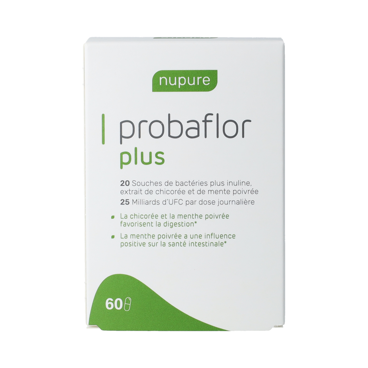 Nupure Probaflor Plus probiotic capsules with micro-organisms, 60-count bottle for gut health support.