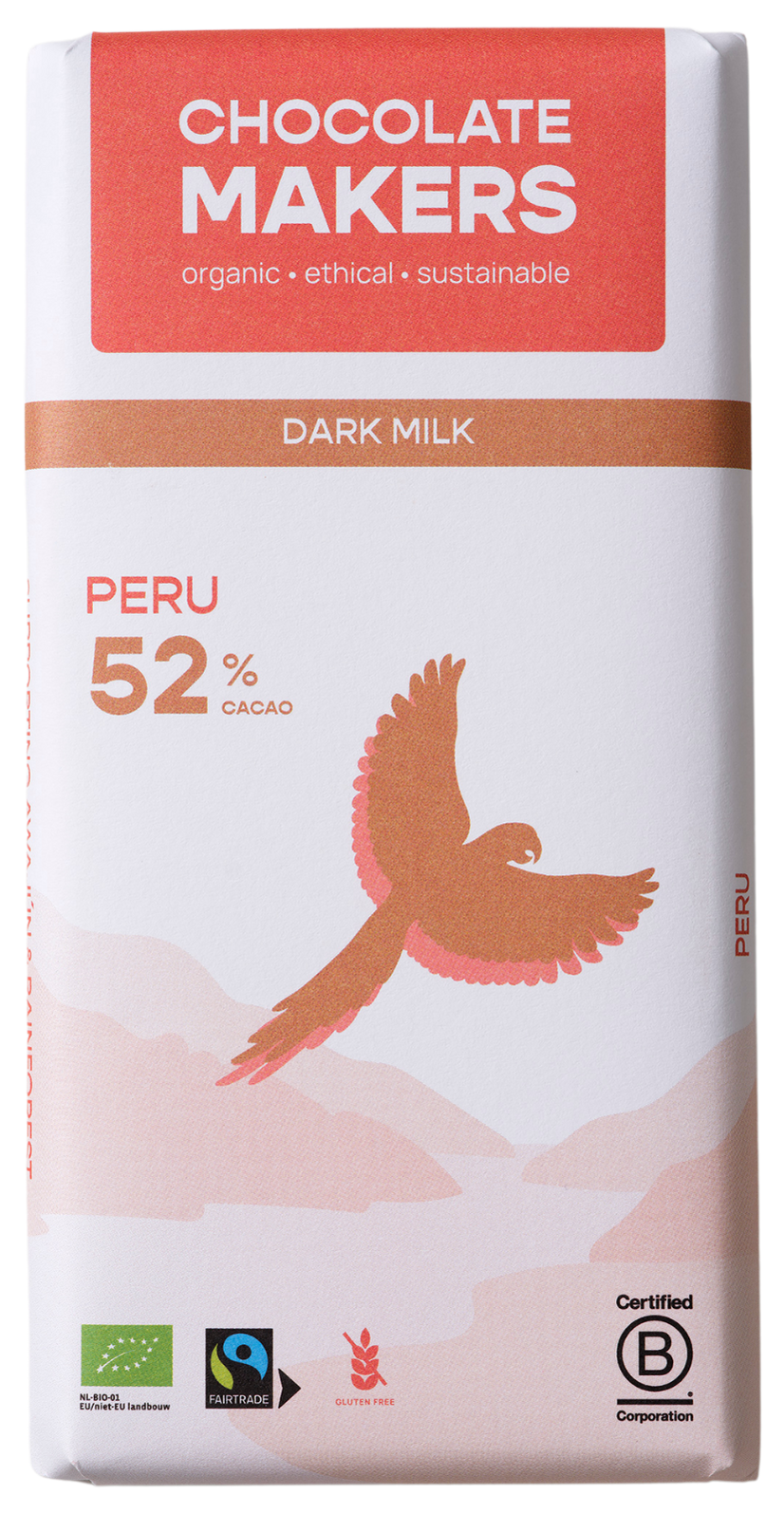 Chocolatemakers Awajun 52% dark milk fairtrade organic chocolate bar, 80g, with a close-up of the packaging and chocolate pieces