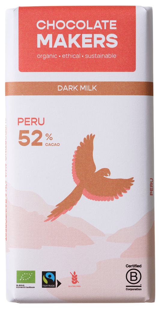 Chocolatemakers Awajun 52% dark milk fairtrade organic chocolate bar, 80g, with a close-up of the packaging and chocolate pieces