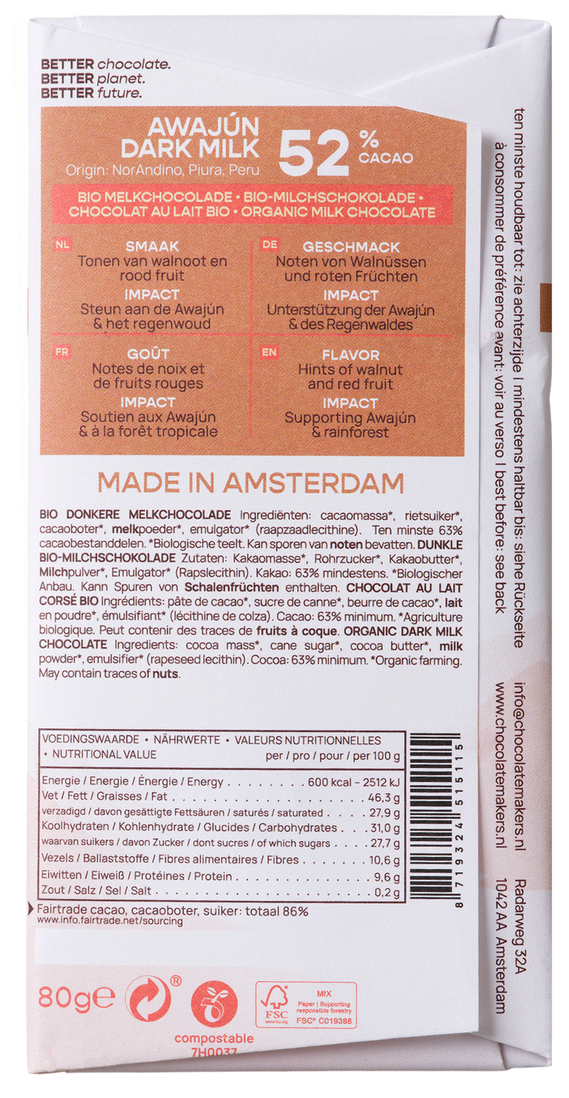 Chocolatemakers Awajun 52% dark milk fairtrade organic chocolate bar, 80g, with cocoa pieces and packaging.