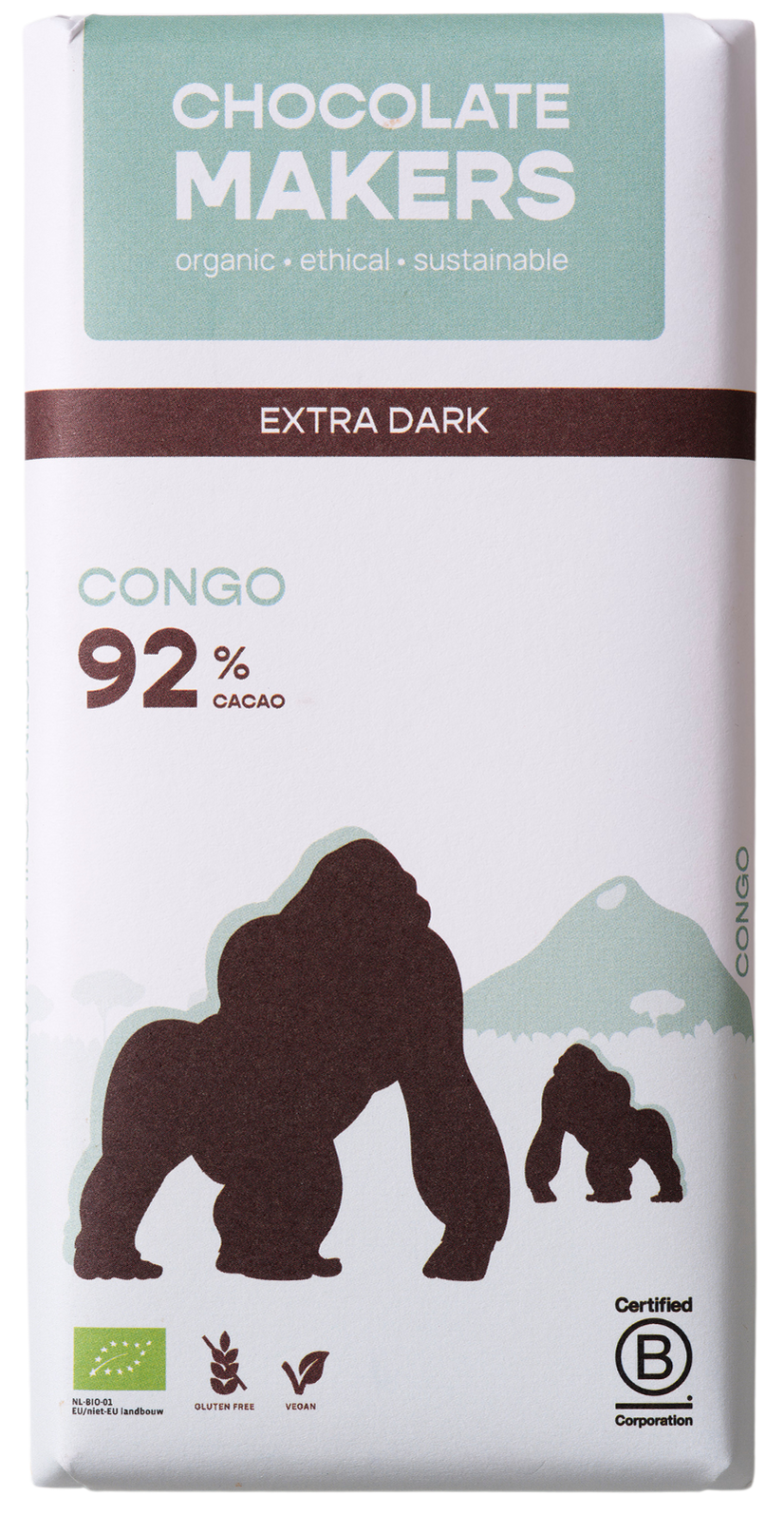Chocolatemakers Gorilla Extra Puur 92% organic chocolate bar, 80g, with dark chocolate pieces and natural cocoa appearance.
