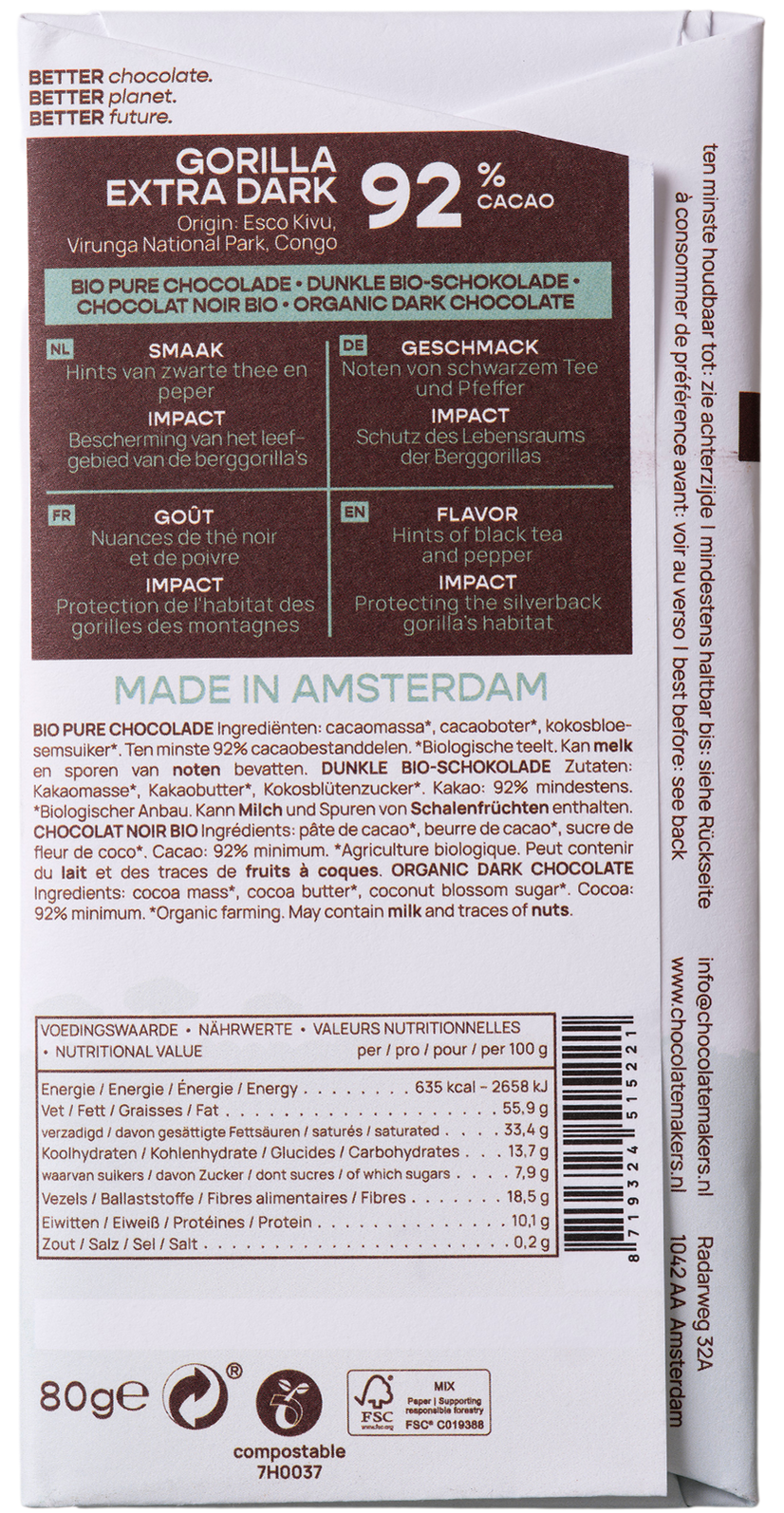 Chocolatemakers Gorilla extra puur 92% organic chocolate bar, 80g, with dark chocolate squares and packaging visible.