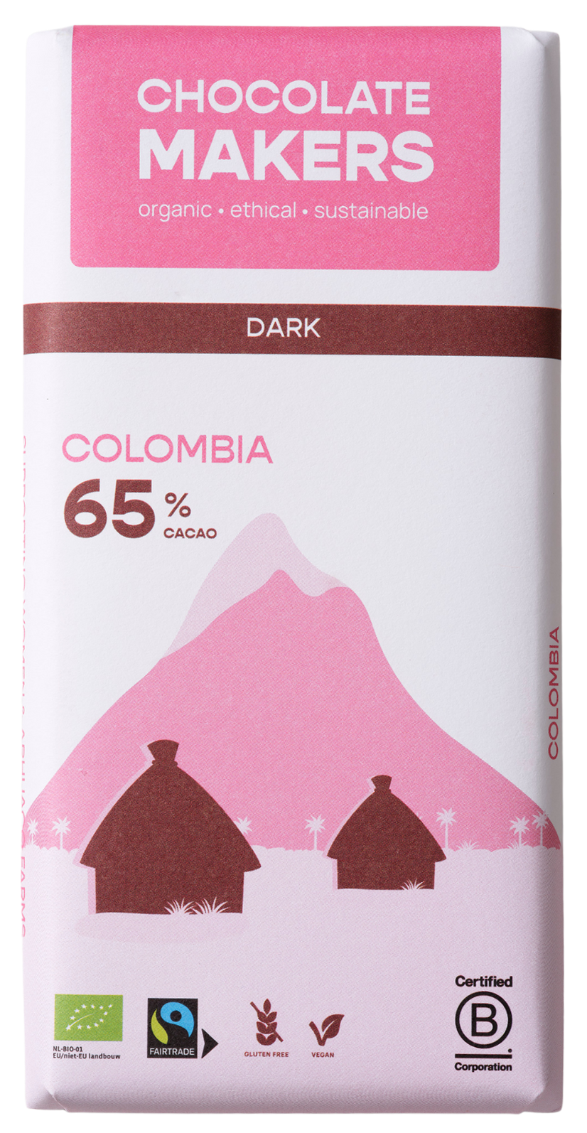 Chocolatemakers Pure Love 65% dark fairtrade organic chocolate bar, 80g, showing the packaging with chocolate pieces.