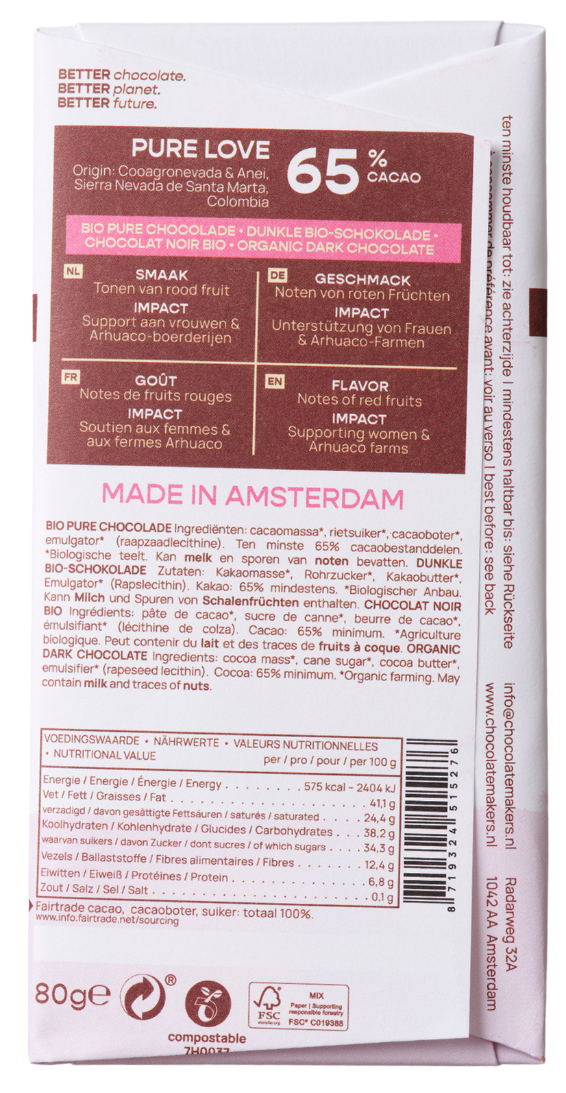 Chocolatemakers Pure Love 65% dark chocolate bar, fairtrade organic, 80g, with packaging showing the chocolate bar and branding.