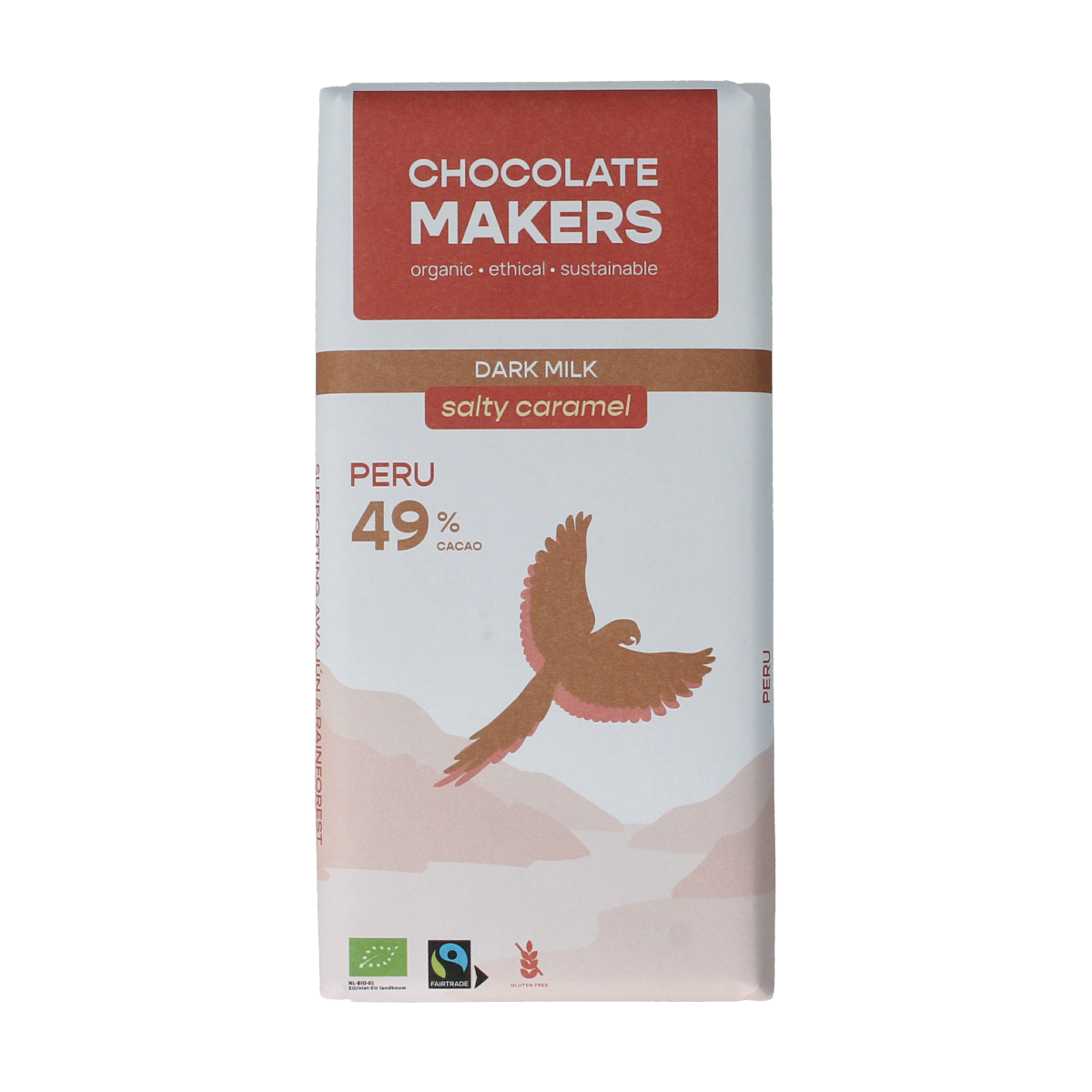 Chocolatemakers Fairtrade salty caramel dark chocolate bar, 80g, featuring rich caramel filling and fairtrade ingredients.