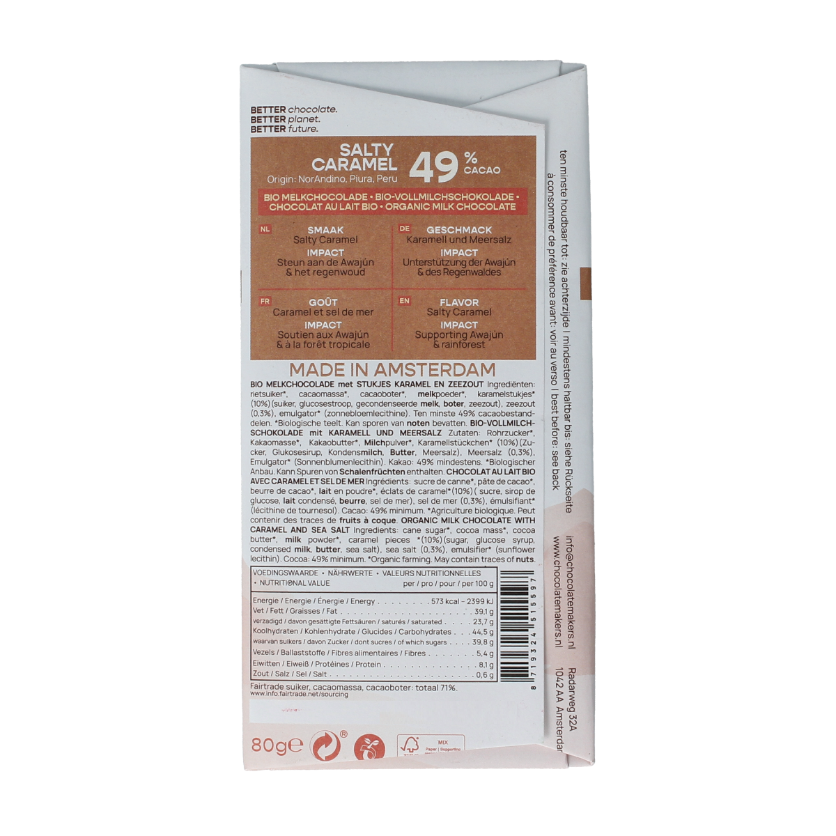 Chocolatemakers Fairtrade salty caramel chocolate bar, 49% cocoa, organic, 80g, with caramel filling and dark chocolate appearance.