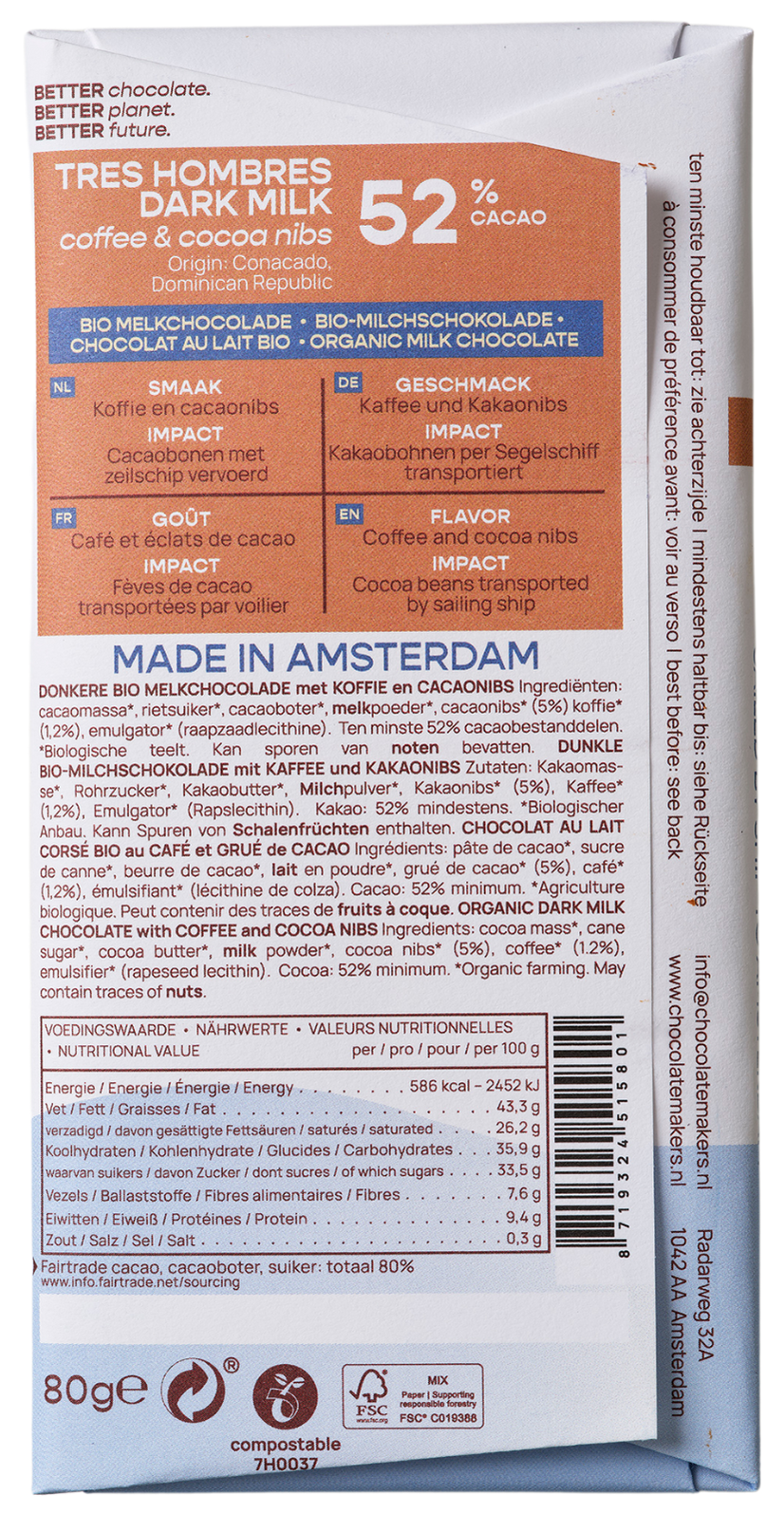 Chocolatemakers Reep Tres Hombres milk chocolate bar with 52% cacao, cacao nibs, and organic coffee, 80g packaging.