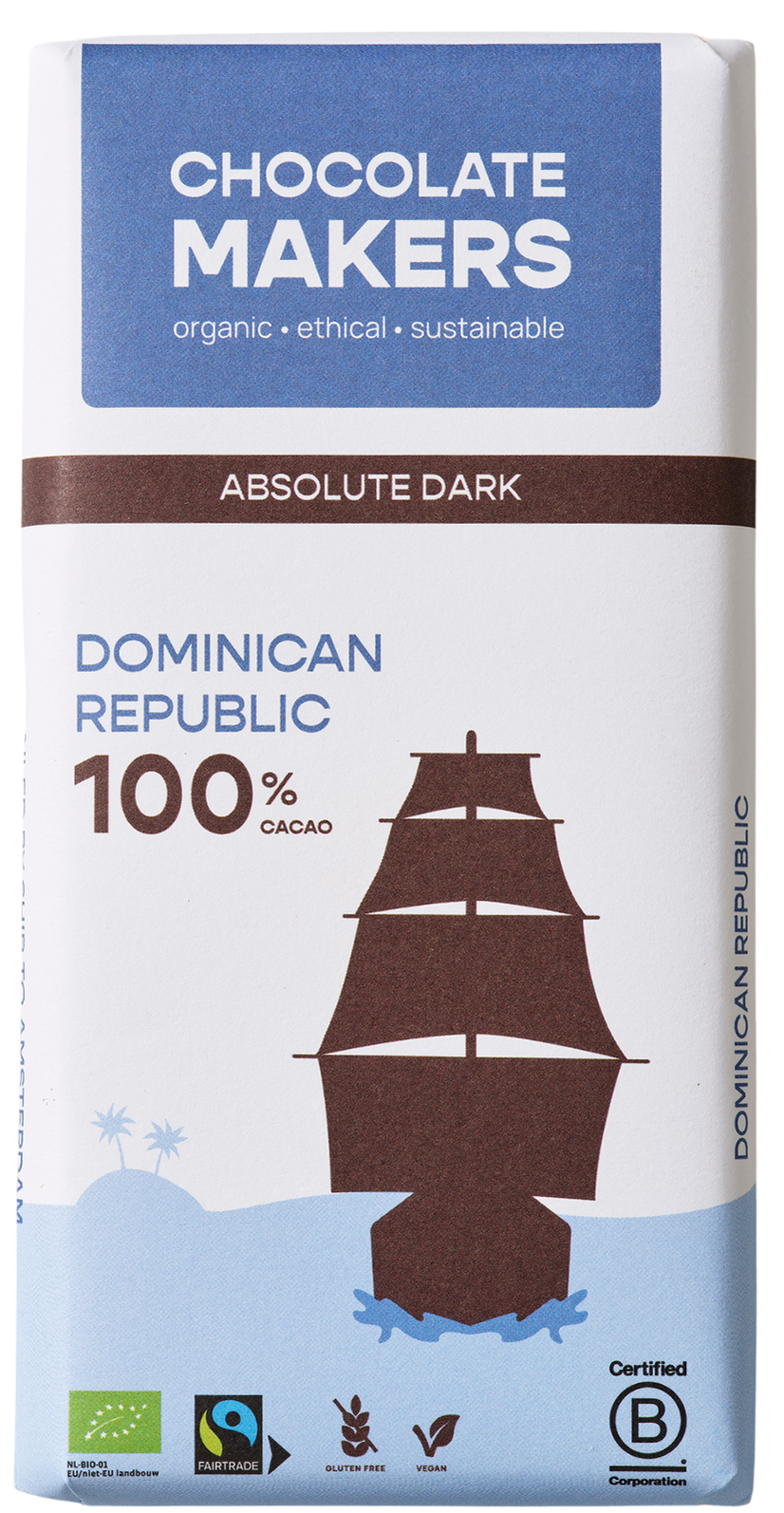 Chocolatemakers Reep Tres Hombres 100% extra puur fairtrade organic chocolate bar, broken into pieces, with packaging visible.