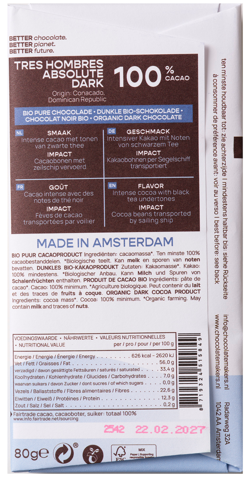 Chocolatemakers Reep tres hombres 100% extra puur fairtrade organic chocolate bar, 80g, with visible packaging and chocolate pieces.