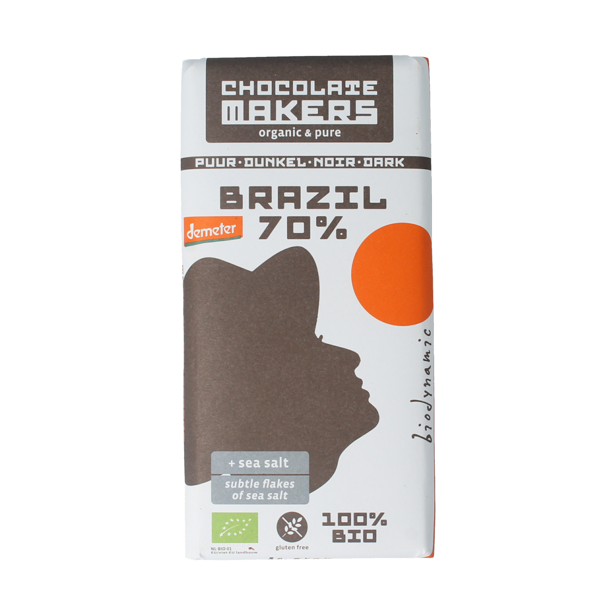 Chocolatemakers Brazil 70% pure organic chocolate bar, 80g, with dark chocolate pieces and textured surface in the image.