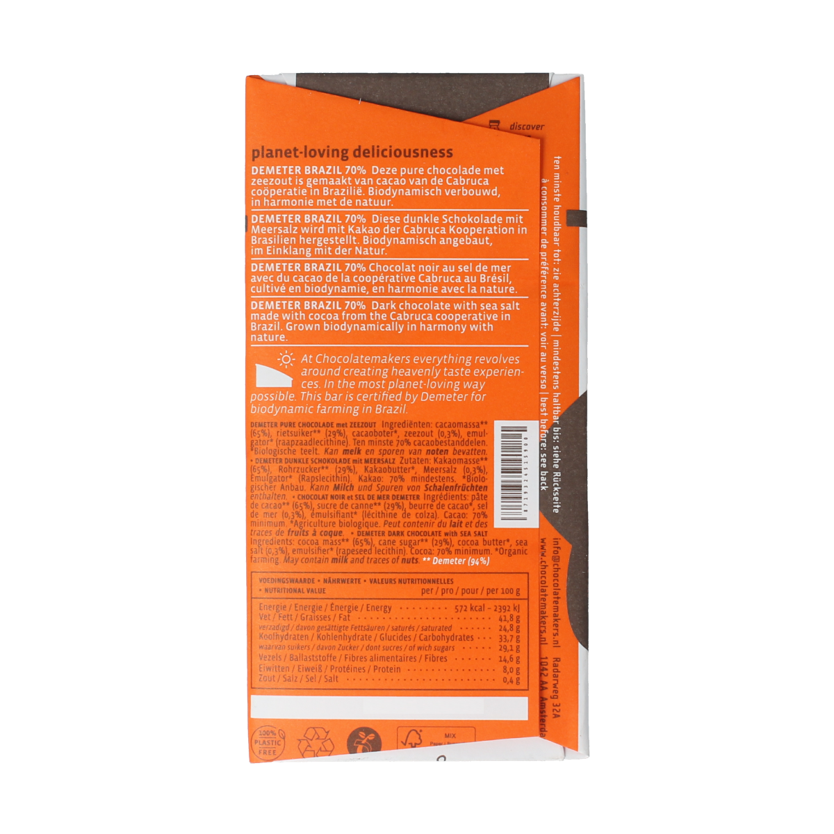 Chocolatemakers Brazil 70% pure Demeter organic chocolate bar, 80g, with dark chocolate pieces and branding on packaging.