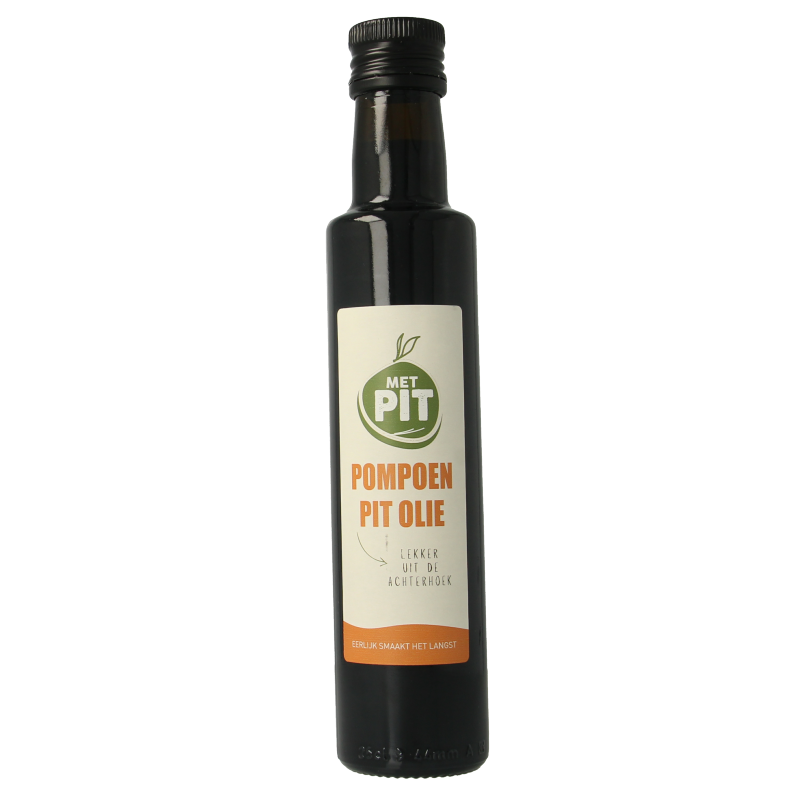 Bottle of Met PIT pumpkin seed oil in a 250ml glass bottle, used as a nutritious oil and fat in cooking and salads.