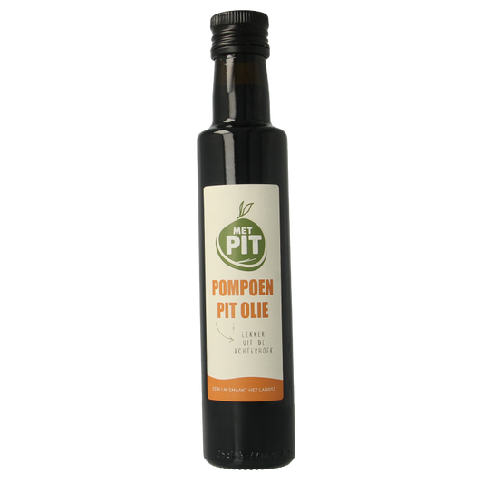 Bottle of Met PIT pumpkin seed oil in a 250ml glass bottle, used as a nutritious oil and fat in cooking and salads.