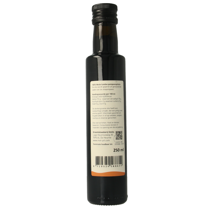 Bottle of Met PIT pumpkin seed oil in 250ml glass container, showcasing the dark oil inside.